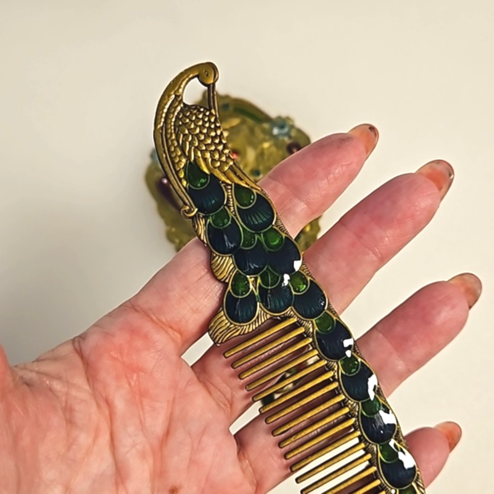 Peacock hand mirror comb vanity set enamel rhinestones hair accessories decor - Picture 5 of 7